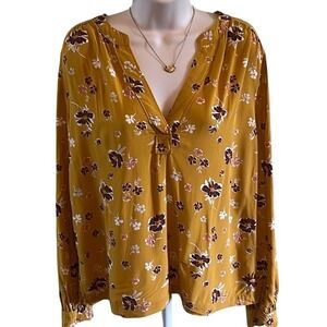 GAP Womens Mustard Yellow Floral V-Neck Long Sleeve Rayon Blouse Size M